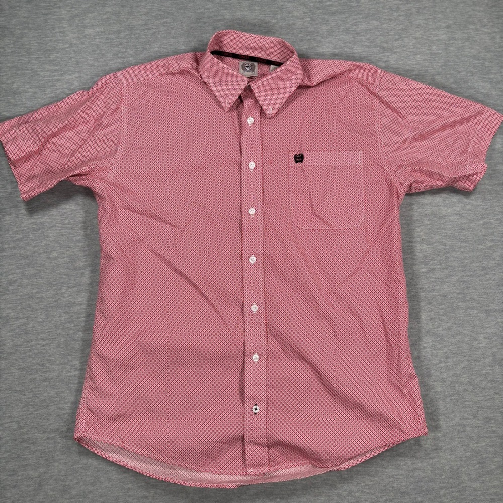 Cinch Mens Red White Geometric Print Short Sleeve Button Down Shirt Small
